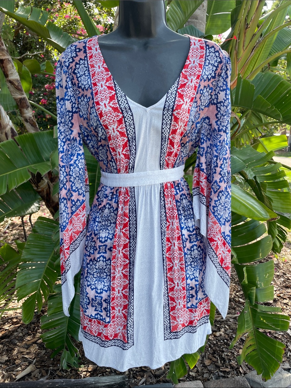 bandanna, print bell sleeve tie back mini dress by BCBG